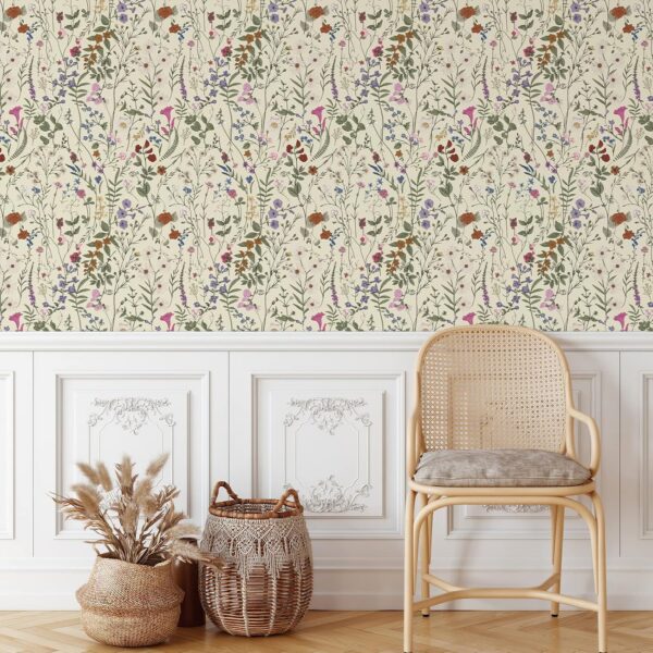 Wallpaper Self-Adhesive Blooming Vintage Colourful Flowers Wall Paper for Bedroom Living Room Cabinet, Peel and Stick Beige Sketch Little Flowers Wallpaper Mural 14.2 sq. feet (118.1"x17.3") 4