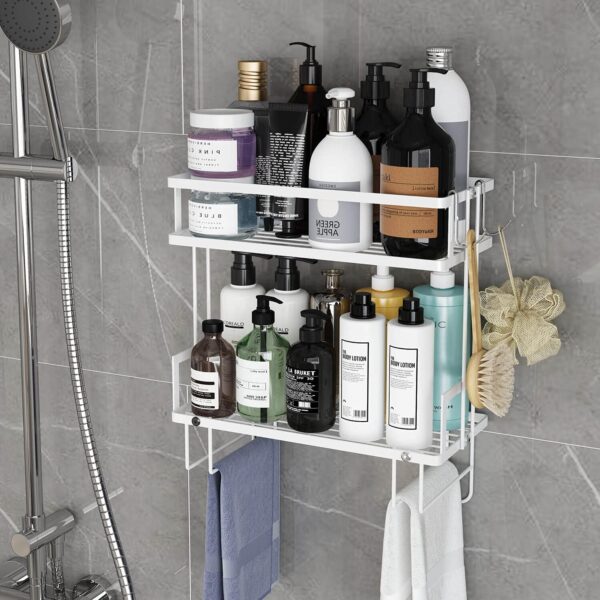 Bathroom Organizer - Over The Toilet Storage Cabinet, 2-Tier Floating Shelves, Wall Shelf with 2 Hooks & Paper Rack, Cool Accessories & Decor, Gifts for Women, Mothers Day (White) 4