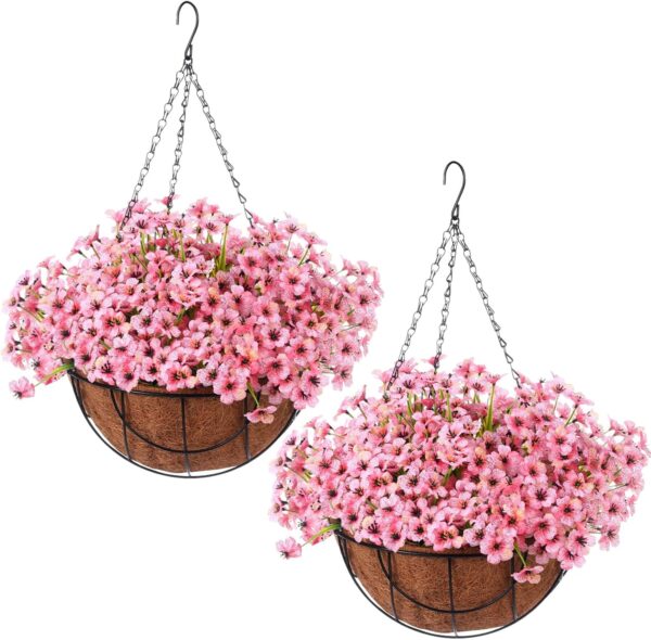 Artificial Spring Hanging Flowers in Basket for Home Decoration Faux Orchid Arrangement Porch Plants Coconut Lining Basket for Autumn Courtyard Decor(Pink, 2 Pack) 1