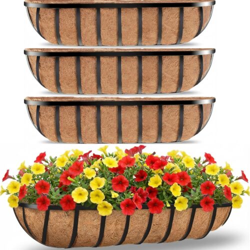 4pcs 30" Window Box Deck Railing Planter with Coco Liner, Metal Hanging Flower Planter Window Basket, Wall Planters Boxes with Horse Trough Coco Liner for Outdoor Indoor Balcony Porch Fence