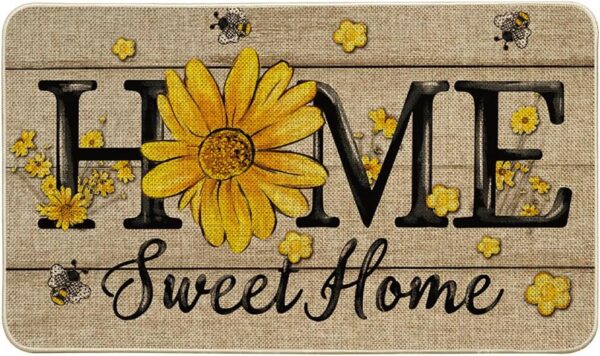 Bee Sunflower Daisy Home Sweet Home Spring Doormat, Home Summer Decor Low-Profile Switch Rug Door Mat Floor Mat for Indoor Outdoor 17x29 Inch 1
