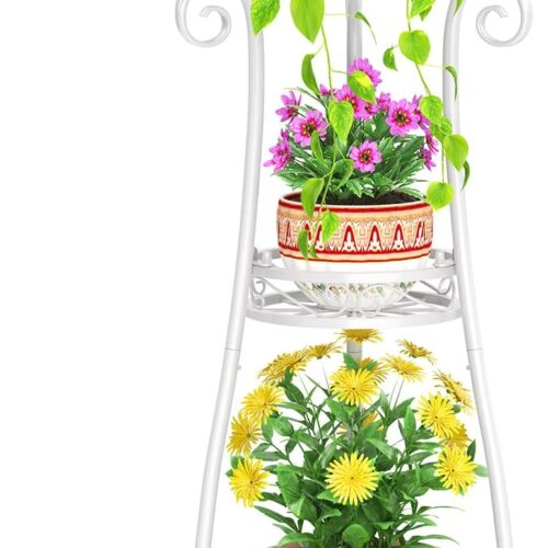 3 Tier White Metal Plant Stand for Multiple Large Planters Indoor Outdoor Organizer, Heavy Duty Tall Flower Stand for Corner Patio Bathroom Office, Modern Sturdy Vertical Iron Rack, Cat Proof
