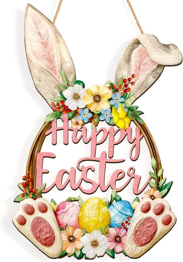 Wooden Easter Door Wreath - Hollow Bunny Sign with Flower Egg Wall Decor for Front Door, Spring Welcome Hanging Outdoor Indoor Home Party Supplies 1