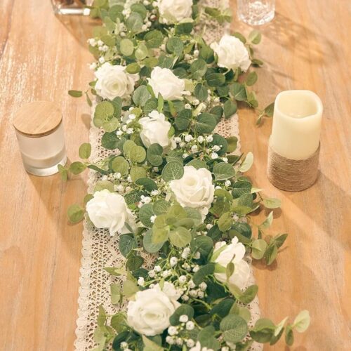 Whimsy 5.91FT Artificial Eucalyptus Garland with Flowers, Fake Flower Rose Gypsophila, Faux Floral Greenery Garland for Wedding Spring Home Party Craft Art Table Runner Decor
