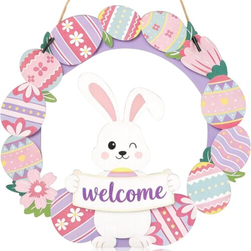 Easter Decorations, Easter Wreath Decor, Rabbit Welcome Sign Door Decoration, for Front Door Porch Window Wall Hanging Decor, Pink Green Spring Decoration for the Home