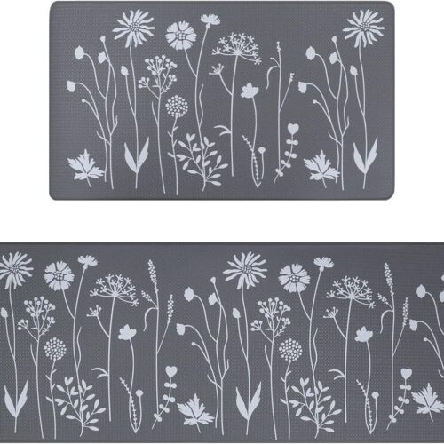 2 Pcs Kitchen Rugs and Mats, Cushioned Anti-Fatigue Floor Mat, PVC Non-Slip Waterproof Kitchen Rug Set for Kitchen, Office, Sink 17"x47"+17"x29" (Grey)
