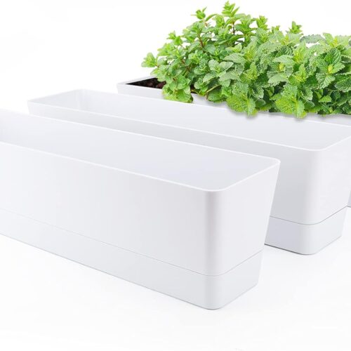 Window Boxes Planters, 3PCS 16x3.8 Inch Large Herb Planters with Tray, Indoor Succulent Cactus Flowers Vegetable Plastic Rectangle Pots for Balcony, Office, Garden, Outdoor, Windowsill (White)