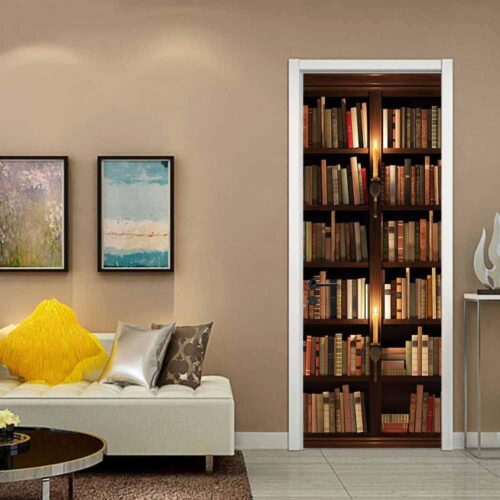 3D Book Shelf Door Stickers Decal Peel and Stick, Door Mural Covers Removable Wallpaper for Home Décor (MT-158)