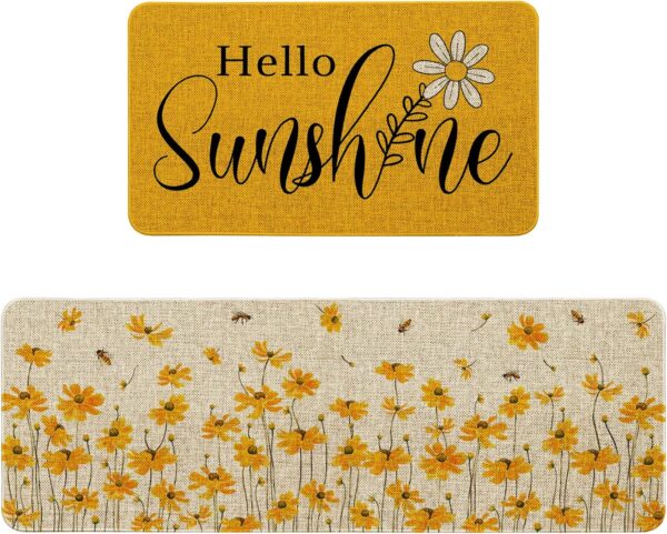 Spring Summer Floral Kitchen Rugs Sets of 2 Non Slip Washable, Hello Sunshine Yellow Daisy Spring Flower Summer Kitchen Mats for Floor 2 Piece Home Decor 1