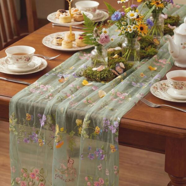 Sage Green Floral Table Runner 10ft Embroidery Tulle Spring Wildflower Table Runner Seasonal Summer Butterfly Kitchen Dining Gauze Decoration for Wedding Baby Shower Birthday Party (1 Pcs) 1