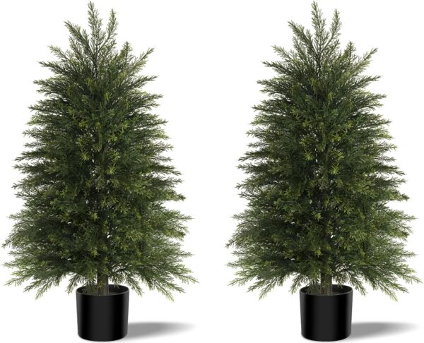 Artificial Cedar Trees Set of 2, Realistic Faux Evergreen Topiary Bushes Plants, Outdoor Potted Fake Cypress Shrubs for Front Porch Garden Home Living Room Decor 1