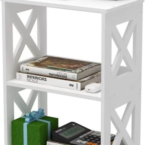Narrow Side Table with Storage, 3-Tier Slim Nightstand for Small Spaces, White Modern End Table, Bedside Table, Bookshelf for Living Room, Bedroom, Bathroom and Office.