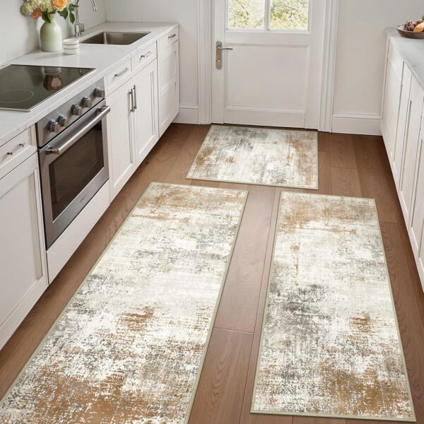 Kitchen Rugs Sets of 3 Non Slip Washable Kitchen Mats for Floor, Waterproof Abstract Kitchen Runner Rug, Floor Mat Carpet for Hallway, Laundry, Sink, Entryway, Bathroom, Gold 1