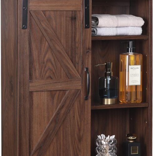 Farmhouse Wood Wall Storage Bathroom Cabinet with Sliding Barn Door, Rustic Medicine Cabinet with Adjustable Shelf, 3-Tier Vintage Cabinet for Kitchen Dining, Bathroom, Living Room (Walnut)