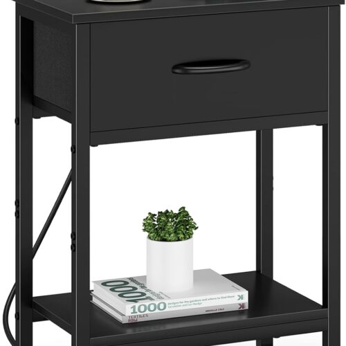Black Nightstand with Charging Station, End Table with Fabric Drawer, Small Side Table with 2-Tier Storage Shelves, 25.4" Tall Bedside Table, Black Night Stand for Bedroom, Living Room, Dorm