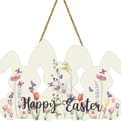 Easter Wreaths for Front Door Happy Easter Door Decorations Bunny Wall Decor Wooden Spring Bunny Flower Front Door Hanger Hanging Sign Decorations for Porch Wall Indoor Home Decor