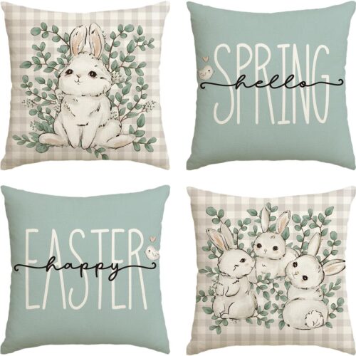 Happy Easter Buffalo Plaid Rabbit Throw Pillow Cover, 18 x 18 Inch Eucalyptus Leaves Hello Spring Cushion Case Decoration for Sofa Couch Set of 4