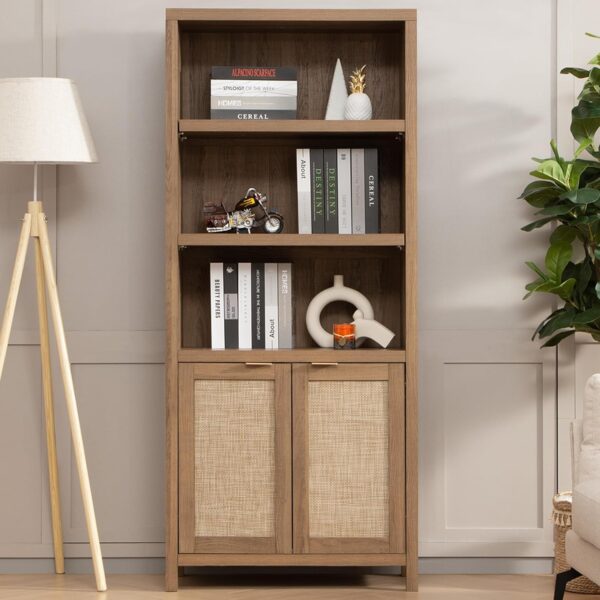 Bookcase 71" Tall Bookshelf 5 Tier Rattan Boho Bookcase with Doors Storage Large Book Case Shelf Farmhouse Bookshelves Library Book Shelves for Living Room Bedroom Home Office Kitchen 1