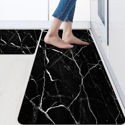 Black Marble Kitchen Mat for Floor Anti Fatigue Kitchen Mat Set Non-Skid Waterproof PVC Leather (2 Pcs) for House Sink Office Kitchen Runner Mat 17.3" W X 29" L + 17.3" W X 47" L