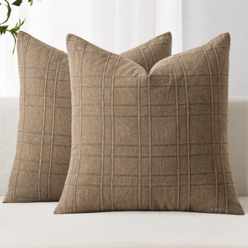 Decorative Linen Check Throw Pillow Covers Neutral Farmhouse Vintage Pillow Covers 18x18 Set of 2 Boho Modern Winter Home Decor for Sofa Couch Bedroom Cushion Light Brown