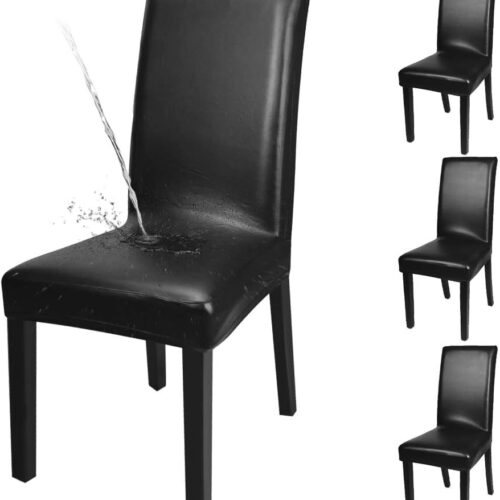 Dining Chair Covers, Solid Pu Leather Waterproof and Oilproof Stretch Dining Chair Protector Cover Slipcover (Black, 4 Pack)