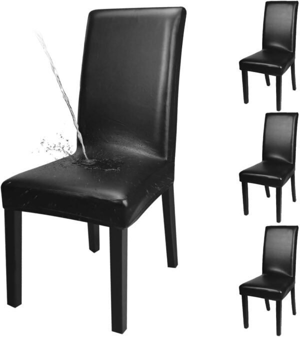 Dining Chair Covers, Solid Pu Leather Waterproof and Oilproof Stretch Dining Chair Protector Cover Slipcover (Black, 4 Pack) 1