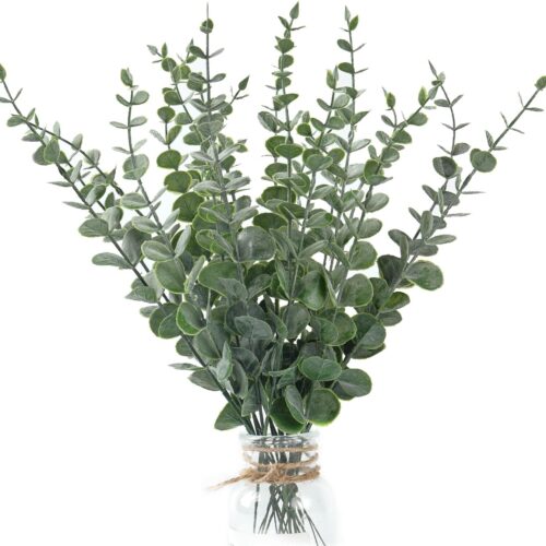 Fake Plants, 20Pcs Eucalyptus Stems Artificial Flowers, Fake Eucalyptus Leaves Stems, Plastic Grey Green Touch Leaf Branches for Home Office Flowers Bouquet Centerpiece Wedding Decoration