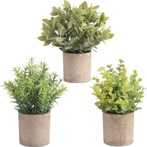 Artificial Mini Potted Eucalyptus, 3 Packs Artificial Plastic Plant Greenery with Pot for Home, Office Desk Decoration