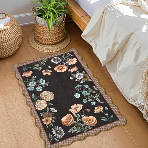 Floral Scalloped Entryway Rug, 2x3 Washable Boho Small Area Rug Non-Slip Low-Pile Indoor Front Door Mat Soft Throw Carpet for Entrance, Bedroom, Kitchen, Bath, Black