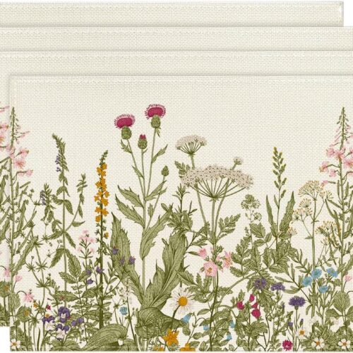 Antique Herbs and Wild Flowers Summer Placemats Set of 4, 12x18 Inch Seasonal Wildflower Spring Table Mats for Party Kitchen Dining Decoration
