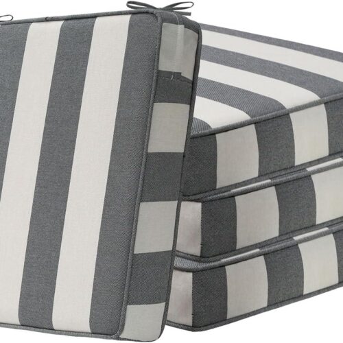 Square Corner Seat Cushions, 19" x 19" x 3", Set of 4, Indoor Outdoor Water Repellent Universal Chair Pads with Ties for Patio Furniture, Garden Deck Dining Chairs, Gray Stripe