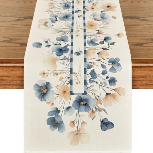 Bloom Flowers Floral Weeds Spring Table Runner, Seasonal Summer Kitchen Dining Table Decoration for Home Party Decor 13x72 Inch