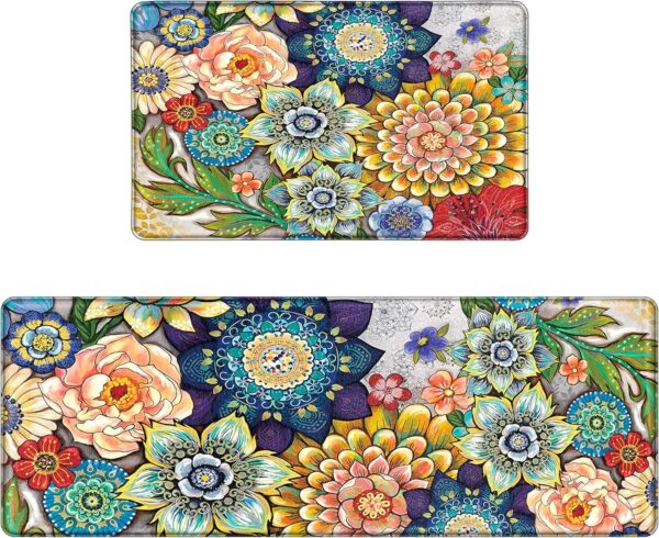 Boho Floral Kitchen Rugs Mats for Floor 2 Piece Memory Foam Padded Kitchen Mats Anti Fatigue Non Slip Cushioned Comfort Standing Mat, 17.3x28+17.3x47 InchFloral Kitchen Rugs Mats for Floor 2 Piece Memory Foam Padded Kitchen Mats Anti Fatigue Non Slip Cushioned Comfort Standing Mat, 17.3x28+17.3x47 Inch 1