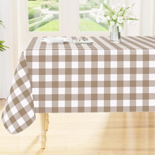 Rectangle Table Cloth, Waterproof Vinyl Tablecloths with Flannel Backing, Wipeable Buffalo Plaid Table Cover for Picnic, Indoor and Outdoor (Khaki & White, 60"x84")