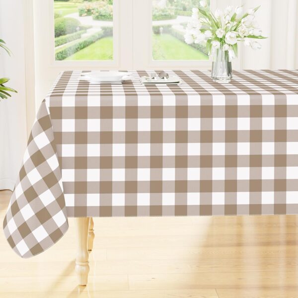 Rectangle Table Cloth, Waterproof Vinyl Tablecloths with Flannel Backing, Wipeable Buffalo Plaid Table Cover for Picnic, Indoor and Outdoor (Khaki & White, 60"x84") 1