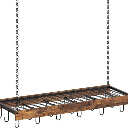 Hanging Pot Rack, Ceiling Wall Mounted Pot Rack for Kitchen, Industrial Style Pot Hanger with 18 Hooks, Cookware Storage Organizer, for Pots and Pans, Rustic Brown and Black TPR12BFC1