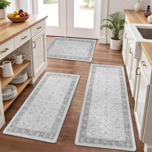 Anti Fatigue Kitchen Floor Mats Set of 3, PVC Foam Padded Kitchen Rugs, Non Slip Cushioned Comfort Standing Mat, Waterproof Sink Rug for Small Kitchen Area, Laundry Room, Light Grey