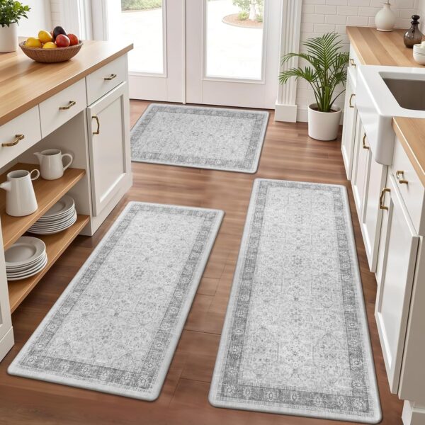 Anti Fatigue Kitchen Floor Mats Set of 3, PVC Foam Padded Kitchen Rugs, Non Slip Cushioned Comfort Standing Mat, Waterproof Sink Rug for Small Kitchen Area, Laundry Room, Light Grey 1