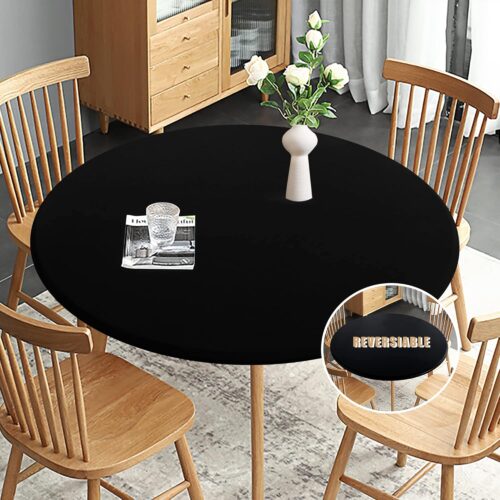 Fitted Round Table Cloth, Reversible Waterproof Stain Resistant Elastic Stretch Tablecloth, Wipe Clean Table Cover for Outdoor/Indoor Use, Fits Round Tables up to 40" - 44" Diameter, Black