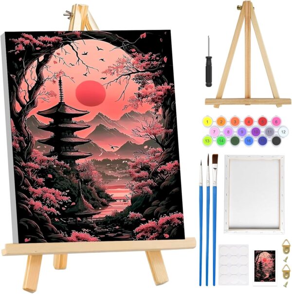 Cherry Blossom Paint by Numbers Kit for Adults Beginners with Frame, Mountain Landscape Adult Paint by Number Kits on Canvas with Easel, Easy DIY Oil Painting Kits for Home Decor, 8x12in 1