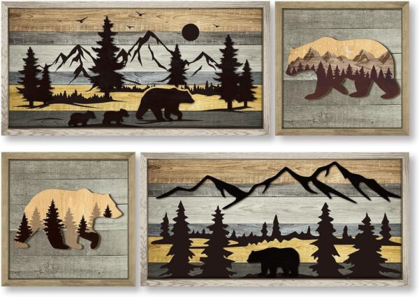4 Pcs Bear Wall Art Rustic 3D Cabin Wall Decor Decorative Forest Mountain Woodland Bear Pictures Farmhouse Decor Country House Animal Wildlife Pictures Hunting Art for Home 1