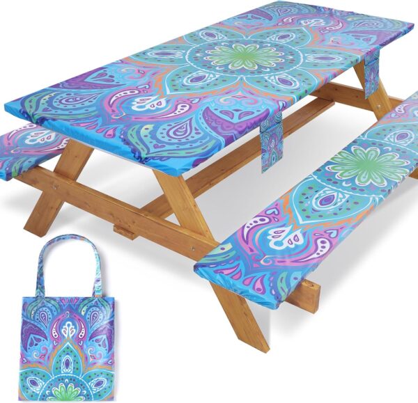Picnic Table Cover with Bench Covers Fitted Waterproof Camping Tablecloth with Elastic for 6 Foot Rectangle Tables Outdoor Travel Rv Essentials Summer Vacation Accessories Gifts for Men Women 1