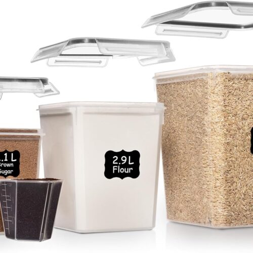 Flour Sugar Storage Containers Set of 3 (6L, 2.9L, 1.1L) Large Airtight Food Storage Containers with Lids, BPA-Free Plastic Container for Kitchen & Pantry Organizers, Cereal, Rice & Pasta
