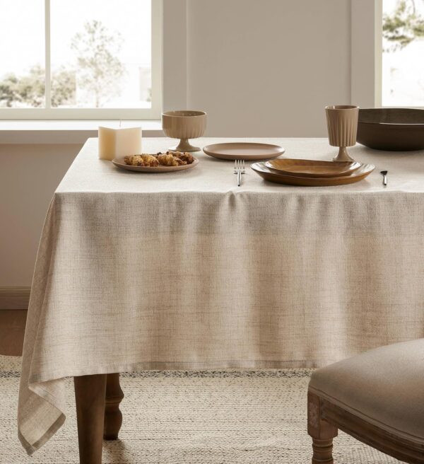 Linen Tablecloth for Rectangle Table, Natural 52x70 Inch (Fit 3ft-4ft, Narrow Fit for 5ft Rectangle Table) Farmhouse Neutral Tablecloth, Water Resistant Dining Tablecloths 4