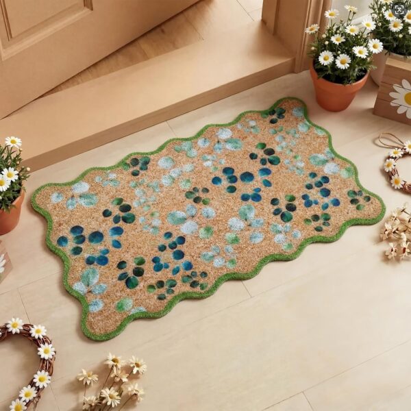 Eucalyptus Leaves Doormat Green Scalloped Edge Welcome Imitation Coir Doormat Spring Leaves Front Non-Slip Mat Decorative Rugs for Indoor Outdoor Home Floor Entrance Porch 1