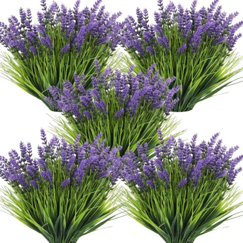 36 Bundles Artificial Plants Outdoor Fake Monkey Grass with Flowers Greenery UV Resistant Faux Outdoor Plants Plastic Flowers for Garden Office Patio Pathway Outside Decor(Purple)