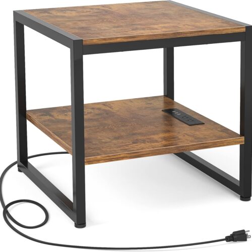 End Table with Charging Station, 20" Mini Fridge Stand with Power Outlets, Heavy Duty Side Table for Living Room, Small Table Stand & Fridge Table, Rustic Brown