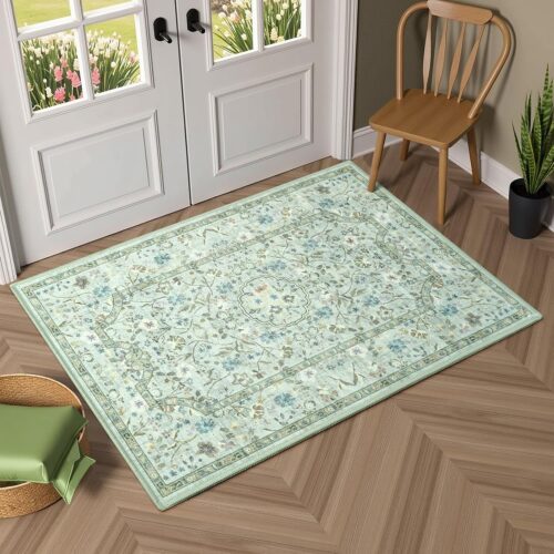 2x3 Area Rug for Bedroom, Small Rugs for Entryway, Kitchen, Bathroom, Non-Slip Washable Carpet Soft Low Pile Vintage Floral Light Green Mat Front Door Mats for Indoor Entrance