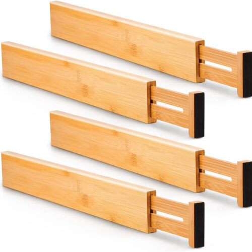 4 pcs Bamboo Kitchen Drawer Dividers Large, Adjustable Drawer Organizers, Spring Loaded, Expandable Organization Works in Kitchen, Dresser, Bathroom, Bedroom, Drawer, Desk
