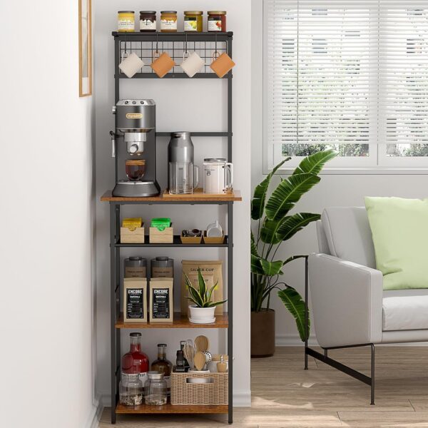 5 Tier Coffee Bar Station, Kitchen Stand with 4 S-Shaped Hooks, Farmhouse Corner Coffee Bar Cabinet for Small Spaces, Bakers Rack for Kitchen, Entryway, Living Room, 13.43"D x 18.93"W x 53.31"H 1